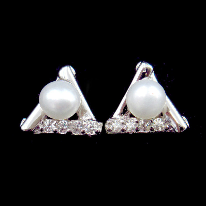 Triangel Shape Silver Pearl Earrings / Real Natural Freshwater Pearl Earrings Stub